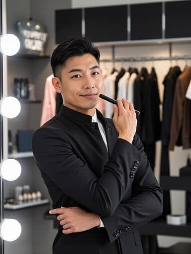 30대 초반의 자신감 넘치는 동양인 남성이 세련된 의상과 액세서리를 착용하고 거울 앞에서 화장품을 사용하며 매력적인 표정을 짓고 있는 모습의 반신 촬영입니다. 배경은 다양한 화장품과 패션 아이템이 진열된 현대적인 패션 매장이며, 전체적으로 트렌디한 분위기를 더합니다.