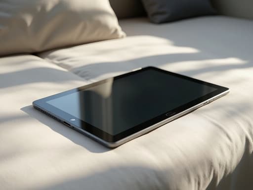 부드러운 유기적인 곡선 위에 있는 초 현실적인 태블릿, 부드러운 자연광이 부드러운 그림자를 드리우며, 고요하고 현대적이며 매력적인 분위기.