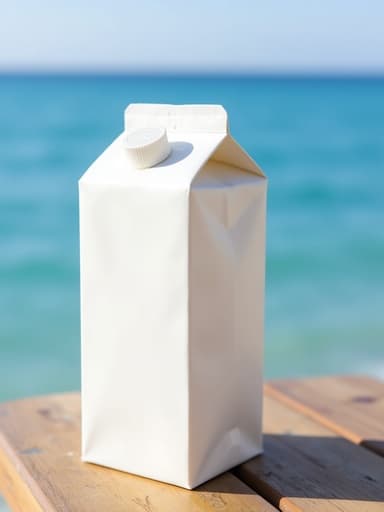 나무 테이블 위에 우유 팩, 배경에 파란 여름 바다, 평화롭고 상쾌한