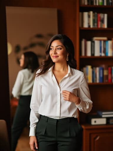 20대 후반의 자신감 있는 라틴계 여성이 현대적인 블라우스와 슬랙스를 입고, 아늑한 도서관의 거울 앞에 서서 한 손으로 옷을 정리하며 고급스러운 표정을 지으며 자신감 있는 모습을 보이고 있습니다. 따뜻한 도서관의 조명이 분위기를 더욱 돋보이게 합니다.