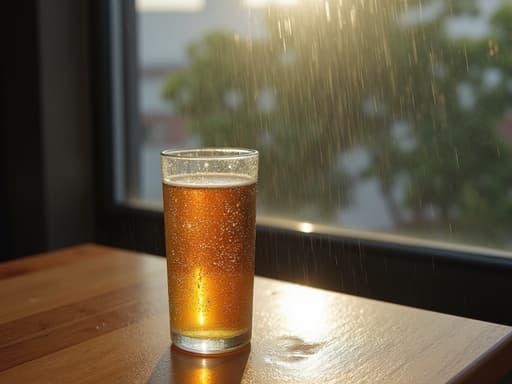 비 오는 창가 근처 나무 테이블 위의 음료 캔, 유리에 맺힌 물방울, 부드러운 자연광이 스며들고, 캔 위에 약간의 응결이 생겨 따뜻한 실내 분위기를 만들어냄.