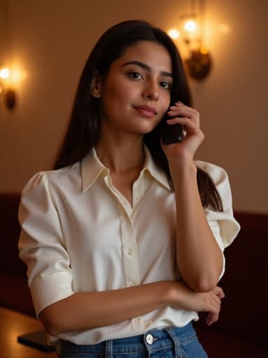 중동계 10대 후반 여성의 반신 샷으로, 자연스러운 외모를 지닌 모델이 깔끔한 블라우스와 청바지를 입고 있습니다. 그녀는 평온한 표정을 지으며, 한 손으로 스마트폰을 귀에 대고 기분이 좋아 보입니다. 배경은 우아한 인테리어의 레스토랑으로, 아늑한 조명이 따뜻한 분위기를 더하고 있어 그녀와 순간이 초대하고 편안한 느낌을 줍니다.