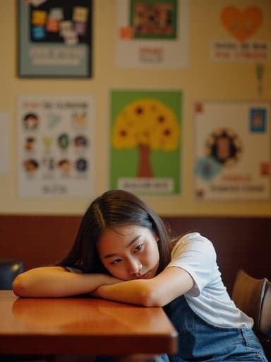10대 후반 아시아계 여성이 캐주얼한 티셔츠와 청바지를 입고 교실 느낌의 카페에서 테이블에 엎드려 있으며, 손으로 머리를 감싸고 절망한 표정을 하고 있는 반신 사진입니다. 배경에는 교육 관련 포스터가 붙어 있어 학습 환경의 분위기를 강조합니다. 부드럽고 자연스러운 조명이 그녀의 감정 상태를 부각시키는 아늑하면서도 우울한 분위기를 연출합니다.