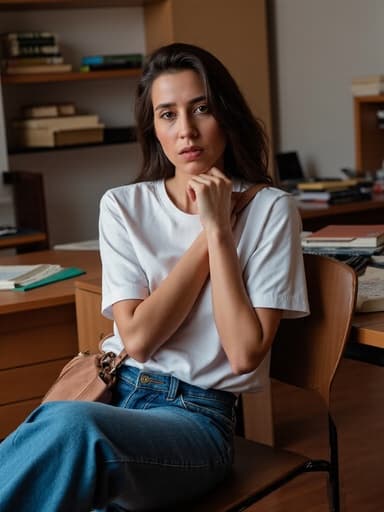 30대 초반의 중동계 여성이 편안한 캐주얼 의상인 청바지와 티셔츠를 입고 있는 반신 샷입니다. 그녀는 불만스러운 표정을 짓고 있으며, 한쪽 어깨에 가방을 메고 손으로 가방의 스트랩을 잡고 있습니다. 배경은 책과 노트가 흩어져 있는 스터디룸으로, 생각에 잠긴 듯한 그녀의 모습과 잘 어우러집니다.