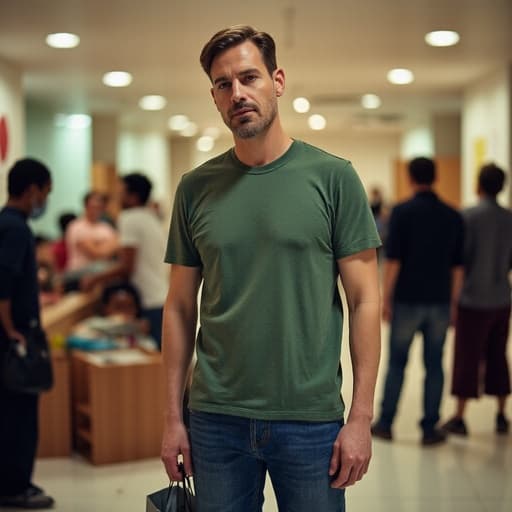 이 이미지는 캐주얼한 티셔츠와 청바지를 입고 쇼핑 가방을 들고 약간 구부정한 자세로 서 있는 30대 중반의 백인 남성을 보여줍니다. 그의 표정은 우울하며 상실감을 전달하고, 다양한 사람들이 오가는 활기찬 커뮤니티 센터의 배경이 대비를 이루고 있습니다.