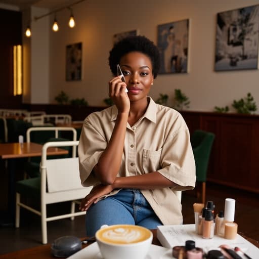 20대 후반 아프리카계 여성이 캐주얼한 블라우스와 청바지를 입고 거울 앞에서 미소를 지으며 화장하고 있는 반신 샷입니다. 아늑한 카페 내부에는 벽에 아트워크가 걸려 있고, 테이블 위에는 커피 컵과 화장품이 놓여 있어 따뜻하고 초대하는 분위기를 자아냅니다.