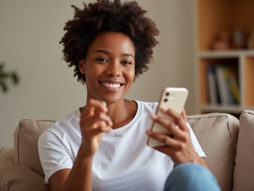 중반 40대의 혼혈 여성이 아늑한 개인 공간에 앉아 있으며, 캐주얼한 티셔츠와 청바지를 입고 스마트폰을 들고 화면을 보며 밝게 웃고 있습니다. 주변의 소파와 책장이 있는 편안한 분위기가 아늑하고 초대하는 환경을 만들어냅니다.