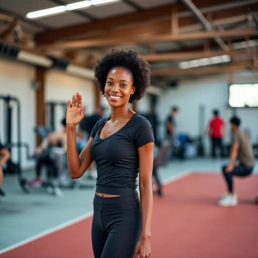 건강한 외모를 지닌 50대 초반의 아프리카계 여성이 트렌디한 운동복을 입고 실내 체육관에서 미소를 지으며 손을 흔드는 모습의 반신 사진. 주변에는 운동 기구와 트랙이 보인다.