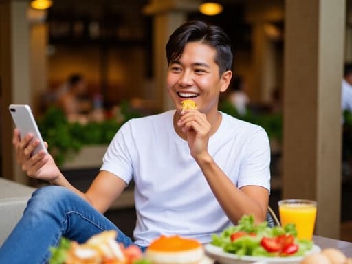 30대 초반의 아시아계 남성이 캐주얼한 흰색 티셔츠와 청바지를 입고, 한 손에는 전화기를 들고 다른 손으로 음식을 집어 먹으며 자유롭게 웃고 있는 반신 사진입니다. 아늑한 카페 테이블에는 다양한 맛있는 음식과 음료가 놓여 있어 따뜻하고 초대하는 분위기를 연출합니다.