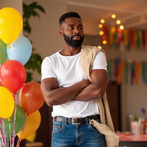 40대 초반 아프리카계 남성이 편안한 티셔츠와 청바지, 가벼운 재킷을 입고 팔짱을 낀 채 무관심한 표정으로 서 있는 모습, 생일 파티를 위해 화려하게 장식된 방에서 풍선과 현수막이 눈에 띄는 장면입니다.