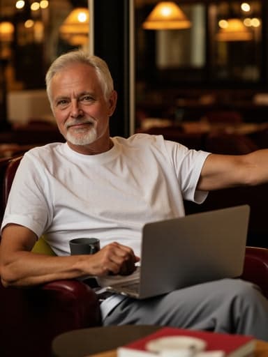 40대 중반의 자신감 넘치는 유럽계 남성이 아늑한 카페에 편안하게 앉아 있습니다. 그는 편안한 스포츠웨어를 입고 있으며, 손에는 노트북을 들고 다리를 편안하게 뻗고 있습니다. 테이블 위에는 커피 잔과 여러 권의 책이 놓여 있어, 일과 여유의 균형을 강조하는 따뜻하고 초대하는 분위기를 만들어냅니다.