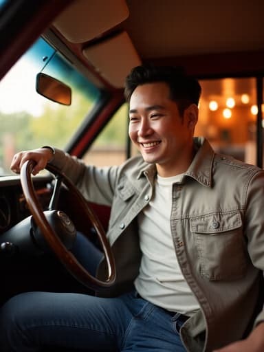 30대 후반의 매력적인 아시아계 남성이 캐주얼한 청바지, 흰색 티셔츠, 가벼운 재킷을 입고 있는 반신 촬영. 그는 운전대를 잡고 행복하게 미소 지으며, 배경에는 아늑한 바의 내부와 부드러운 조명이 있어 따뜻하고 초대하는 분위기를 전달합니다.