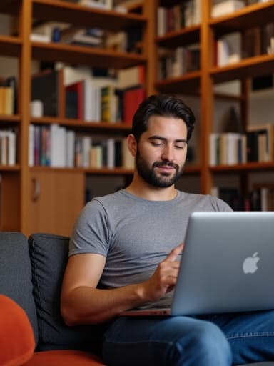 30대 후반의 라틴계 남성이 아늑한 도서관의 소파에 편안하게 앉아 있는 반신 촬영 모습입니다. 그는 편안한 회색 티셔츠와 청바지를 입고 있으며, 노트북과 상호작용하며 자연스러운 표정을 짓고 있습니다. 배경에 정돈된 책장이 아늑하고 따뜻한 분위기를 더해줍니다.