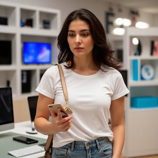 20대 초반의 라틴계 여성이 전자매장에서 서 있습니다. 그녀는 캐주얼한 흰색 티셔츠와 청바지를 입고 있으며, 한 손에 스마트폰을 들고 가방을 메고 있습니다. 그녀는 차가운 표정과 다소 무표정한 감정을 나타내고 있습니다. 배경은 다양한 전자기기로 가득 차 있어 현대적인 쇼핑 분위기를 만들어냅니다.