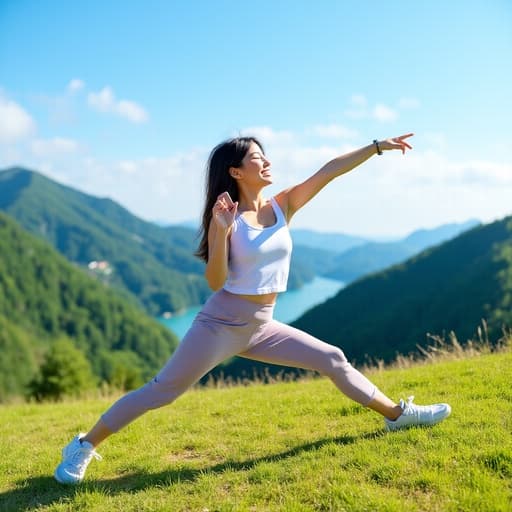 20대 초반 아시아계 여성이 편안한 운동복과 운동화를 입고 전화를 들고 활기차고 행복한 표정으로 스트레칭하는 모습의 반신 사진입니다. 배경에는 푸른 산과 맑은 하늘이 보이는 아름다운 자연 풍경이 어우러져 그녀의 즐거운 기분을 더욱 돋보이게 하는 생기 넘치는 분위기를 만들어냅니다.