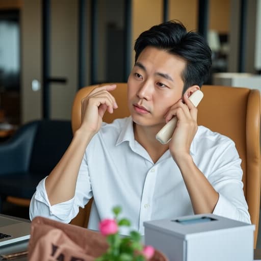 40대 중반의 한국인 남성이 캐주얼 복장을 하고 한 손에 전화를 들고, 다른 손은 책상에 놓고 있는 모습을 반신 샷으로 촬영한 이미지. 세련된 현대 사무실 배경이 어우러져 있습니다.