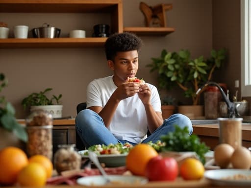 혼혈 10대 후반 남성이 다리를 뻗고 앉아 열정적인 표정으로 맛있는 음식을 즐기고 있는 반신 촬영. 편안한 티셔츠와 청바지를 착용하고 있으며, 자연스러운 분위기에 잘 어울린다. 배경은 아늑한 주방으로 조리대 위에 다양한 음식 재료가 놓여 있어 따뜻하고 초대하는 느낌을 준다. 아늑한 조명은 밝고 즐거운 분위기를 더해준다.