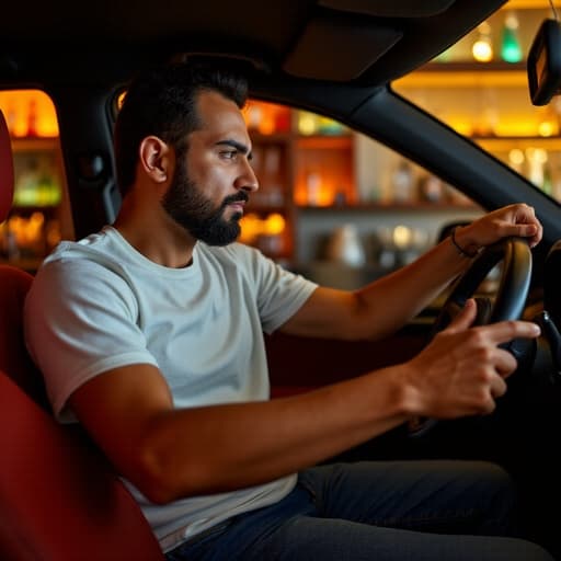 30대 초반의 중동계 남성이 캐주얼한 티셔츠와 청바지를 입고 핸들을 잡고 불만스러운 표정을 짓고 있는 반신 사진. 아늑한 바 내부에는 다양한 음료와 따뜻한 조명이 어우러져 있어 편안한 운전 경험을 묘사합니다.