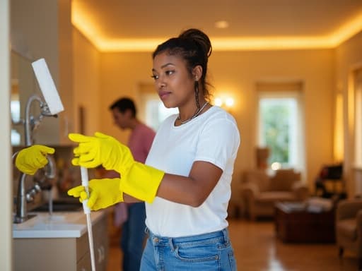 40대 중반의 자신감 넘치는 흑인 여성이 편안한 청바지와 티셔츠, 청소 장갑을 착용하고 청소 도구를 들고 활동하는 모습이 담긴 반신 촬영입니다. 밝고 활기찬 커뮤니티 센터의 내부에서 그녀의 자연스러운 아름다움이 드러나며, 따뜻하고 초대하는 분위기를 반영합니다.