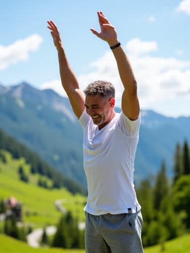 40대 초반의 혼혈 남성이 운동복과 트레이닝 팬츠를 입고 양팔을 위로 뻗으며 스트레칭하는 반신 사진. 푸른 산과 맑은 하늘이 보이는 아름다운 자연 풍경 속에서 활기차고 건강한 에너지를 발산합니다.