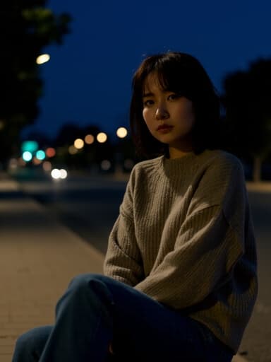 20대 후반 아시아계 여성이 편안한 니트와 청바지를 입고 어두운 저녁 거리에서 다리를 뻗고 앉아 있다. 그녀는 슬픈 표정을 지으며 주변을 바라보며 깊은 생각에 잠겨 있다. 가로등의 희미한 빛이 그녀의 모습과 분위기를 부각시킨다.