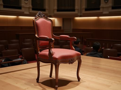 우아한 인테리어용 의자, 클래식 오케스트라 홀, 따뜻하고 초대하는 느낌.