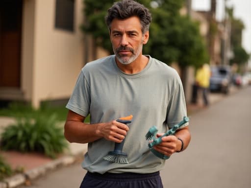 30대 중반의 혼혈 남성이 편안한 복장을 하고 청소 도구를 들고 집중한 표정을 짓고 있는 반신 사진. 배경은 아늑한 거리의 분위기를 담아 가정 생활의 주제를 강조하며 평온한 느낌을 줍니다.