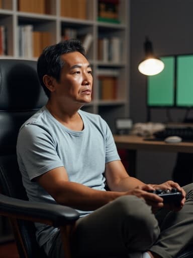 50대 초반의 아시아계 남성이 편안한 티셔츠와 슬랙스를 입고 크로스 레그로 앉아 게임 컨트롤러를 들고 평온한 표정을 지으며 게임에 몰입하고 있는 반신 사진입니다. 배경은 현대적인 스터디룸으로 책장과 컴퓨터가 배치되어 있어 아늑한 분위기를 만들어냅니다.