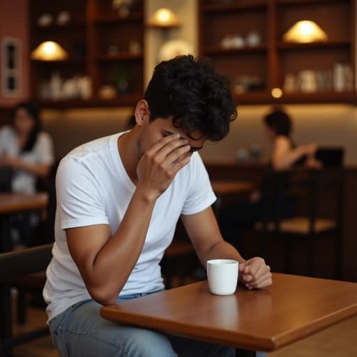 20대 중반의 라틴계 남성이 슬픈 표정을 지으며 테이블 위에 놓인 커피잔을 바라보는 모습이 담긴 반신 샷입니다. 그는 캐주얼한 흰색 티셔츠와 청바지를 입고 있으며, 아늑한 카페의 따뜻하고 초대하는 분위기 속에서 다른 손님들이 앉아 있는 배경이 함께 나타납니다.