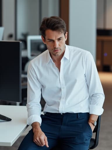 30대 중반의 백인 남성이 화이트 셔츠와 다크 블루 슬랙스를 입고 현대적인 사무실 책상에 앉아 컴퓨터 화면을 집중해서 바라보며 전문적이고 헌신적인 분위기를 나타내는 모습입니다.