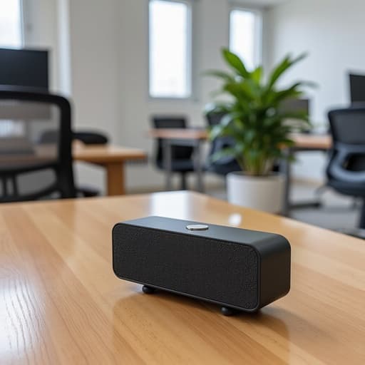 블루투스 스피커, 세련된 디자인, 무광 마감, 금속 악센트, 현대적인 사무실 중앙에 배치, 부드러운 자연광, 매끄러운 표면의 반사, 나무 책상, 배경의 화분에 심어진 식물, 캐주얼하고 전문적인 분위기.