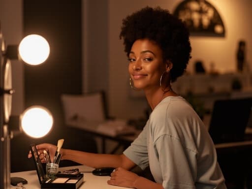 30대 후반의 자연스러운 외모를 가진 흑인 여성이 거울 앞에서 화장을 하며 부드럽게 미소짓고 있는 반신 촬영입니다. 캐주얼한 티셔츠와 청바지를 입고 있으며, 배경에는 아늑한 카페와 테이블 위의 화장품들이 있어 친밀하고 개인적인 분위기를 자아냅니다.