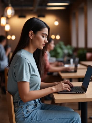30대 초반의 중동계 여성이 편안한 티셔츠와 청바지를 입고 노트북 앞에 앉아 코드를 작성하고 있는 모습의 반신 촬영. 차분하고 집중하는 표정이 돋보이며, 배경에는 여러 작업 공간이 있는 세련된 공유 오피스가 있어 생산적인 분위기를 자아냅니다.