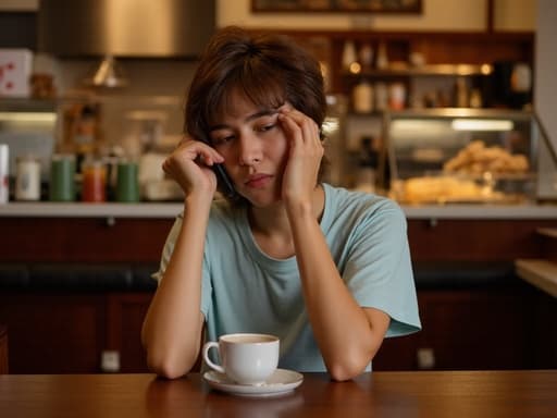 10대 후반의 백인 여성의 반신 촬영이 이루어졌습니다. 그녀는 캐주얼한 옷을 입고 전화를 하며 화난 표정을 짓고, 한 손에는 전화기를 귀에 대고 다른 손에는 테이블에 놓인 커피 컵을 움켜잡고 있습니다. 아늑한 카페 내부가 배경으로 다양한 음료와 디저트가 진열되어 있어 편안하지만 긴장감이 있는 분위기를 연출하고 있습니다.