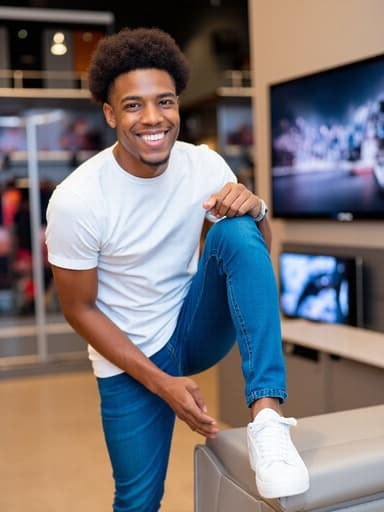 스타일리시한 캐주얼 의상을 입고, 최신 전자제품들이 진열된 매장 안에서 자신감 넘치는 미소를 지으며 스니커즈를 신는 20대 초반의 혼혈 남성을 담은 생동감 있는 반신샷.