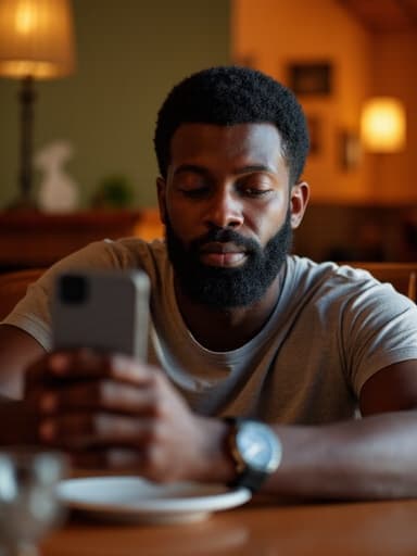 40대 중반의 흑인 남성이 캐주얼한 티셔츠와 청바지를 입고 카페 테이블에 앉아 스마트폰을 열정적으로 바라보며 집중하고 있습니다. 따뜻한 조명과 아늑한 카페 배경이 조화를 이루어 그의 스마트폰과의 집중적인 상호작용을 강조하는 매력적인 분위기를 만들어냅니다.