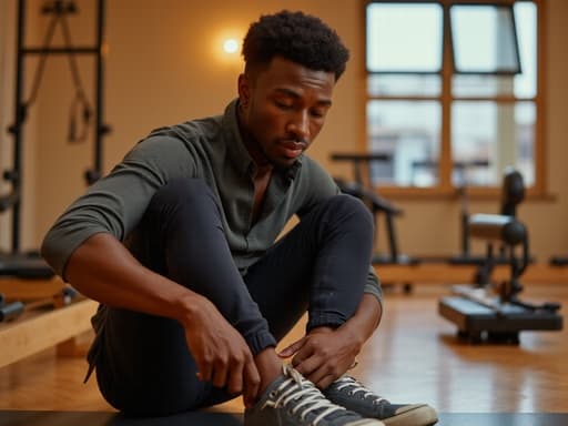 40대 중반의 혼혈 남성이 편안한 필라테스 복장과 운동화를 착용하고, 신발을 신는 모습이 담긴 반신 사진입니다. 주변에는 필라테스 기구가 배치된 실내 운동장에서 집중한 표정을 지으며 차분하고 고급스러운 분위기를 전달하고 있습니다.