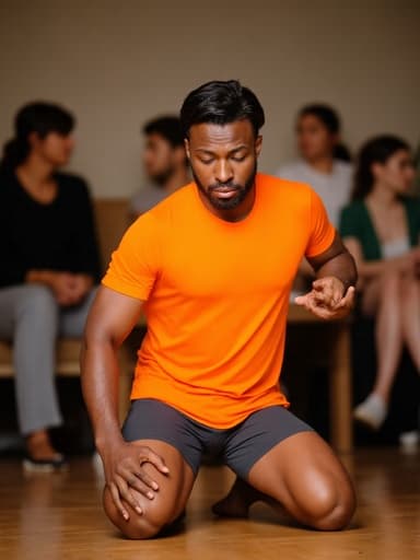 편안한 요가 복을 입고 걱정스러운 표정으로 요가 자세를 취하고 있는 20대 후반의 흑인 남성이 소파와 테이블이 있는 아늑한 실내 공간에서 대화 소리가 들리는 모습의 전체 신체 촬영.