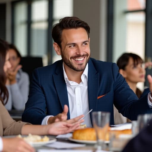 중반 30대의 라틴계 남성이 화이트 셔츠와 네이비 블루 재킷을 입고 친근한 미소를 지으며 회의 테이블에서 음식을 들고 편안한 표정을 짓고 있습니다. 동료들이 그 주변에 앉아 있어 현대적인 사무실 환경에서 친근하고 협력적인 분위기를 만들어냅니다.