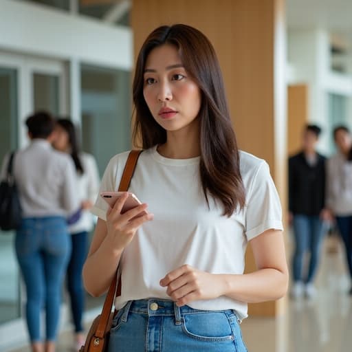 캐주얼한 의상을 입고 스타일리시한 가방을 메고 있는 20대 중반 아시아계 여성이 스마트폰을 들고 스트레스를 받은 표정을 짓고 있는 모습이 현대적인 커뮤니티 센터에서 다른 사람들과 함께 있는 장면.