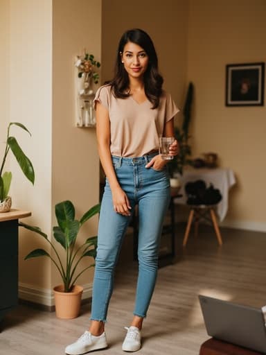 20대 초반의 라틴계 여성이 편안한 티셔츠와 청바지, 캐주얼한 스니커즈를 입고 있는 반신 촬영된 모습입니다. 그녀는 한 손에 커피 컵을 들고 다른 손은 노트북 키보드 위에 놓고 자연스럽게 미소를 짓고 있습니다. 아늑한 집 사무실은 디자인 작업을 위한 다양한 도구와 식물들로 가득 차 있어 따뜻하고 초대하는 분위기를 자아내며, 그녀의 창의성과 편안함을 강조합니다.