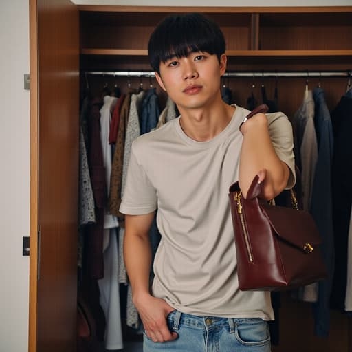 20대 초반 한국 남성이 다양한 의상으로 가득 찬 옷장 앞에 서 있습니다. 그는 캐주얼한 티셔츠와 청바지를 입고 있으며, 스타일리시한 가방을 어깨에 메고 있습니다. 그의 표정은 짜증이 나 있는 모습이며, 가방을 선택하려고 손을 뻗고 있는 모습은 패션에서의 선택의 어려움을 반영하고 있습니다.