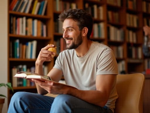 30대 초반의 혼혈 남성이 편안한 티셔츠와 청바지를 입고 자연스럽게 미소 지으며 한 손에는 책을 들고 다른 손으로 음식을 즐기고 있는 반신 사진입니다. 아늑한 도서관 배경이 책들로 가득 차 있어 따뜻하고 편안한 분위기를 더합니다.