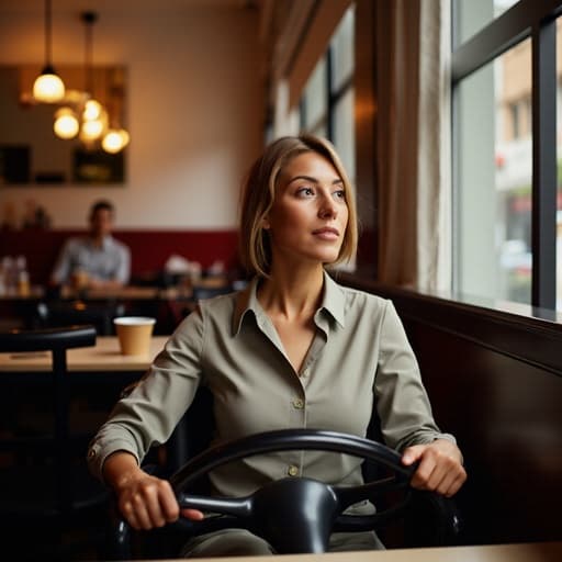40대 초반의 중동계 여성이 자연스러운 외모로 비즈니스 캐주얼 스타일의 블라우스와 트라우저를 입고 카페에 앉아 운전대를 잡고 있는 모습입니다. 그녀는 무관심한 표정으로 생각에 잠겨 창 밖을 바라보며, 평화롭고 성찰적인 분위기를 자아냅니다.