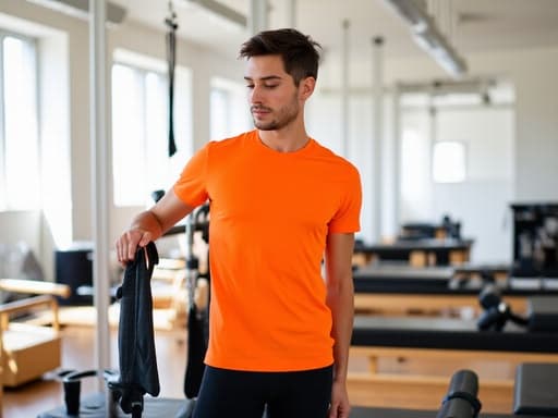 자연스럽고 건강한 외모를 가진 20대 초반의 유럽계 남성이 편안한 운동복을 입고 있는 반신 사진입니다. 밝은 색상의 티셔츠와 레깅스를 착용하고 있으며 매력적인 미소를 짓고 현대적인 필라테스 스튜디오에 서 있습니다. 스튜디오는 깨끗하고 잘 정리되어 있으며 다양한 필라테스 장비가 배치되어 있습니다. 그는 필라테스 용품을 살펴보며 쇼핑하는 자세를 취하고 있으며, 건강과 웰빙의 느낌을 전달합니다. 부드럽고 따뜻한 조명이 공간의 전반적인 분위기를 더욱 돋보이게 합니다.