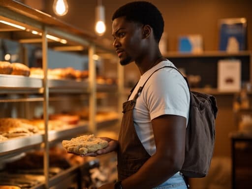 아늑한 베이커리에서 티셔츠와 청바지에 앞치마를 착용한 젊은 아프리카계 남성이 실망한 표정으로 빵 반죽과 가방을 들고 있으며, 따뜻한 조명 아래 다양한 빵과 디저트가 진열된 모습을 보여줍니다.