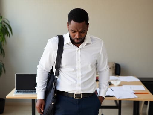 20대 후반의 혼혈 남성이 흰색 셔츠와 어두운 색 슬랙스를 입고 사무실 책상 앞에 서 있는 반신 사진입니다. 책상 위에는 서류와 컴퓨터가 놓여 있고, 모델은 미간을 찌푸리고 입술을 꽉 다물며 분노한 표정을 짓고 있으며, 한쪽 어깨에 가방을 메고 있습니다.