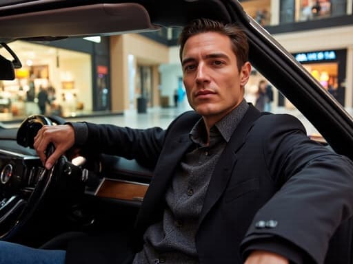 40대 중반의 유럽계 남성이 세련된 자켓과 멋진 셔츠를 입고 자신감 있게 고급차의 스티어링 휠을 잡고 있으며, 현대적인 쇼핑몰의 내부가 배경으로 보입니다. 그의 세련된 태도와 현대적인 환경이 매력적이고 역동적인 이미지를 만듭니다.