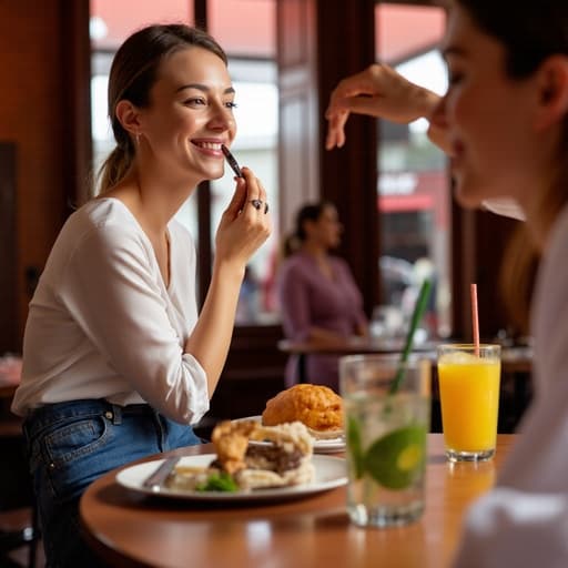 20대 후반의 유럽계 여성이 스타일리시한 블라우스와 청바지를 입고 아늑한 레스토랑에서 거울 앞에서 립스틱을 바르며 편안한 순간을 즐기고 있습니다. 음료와 간식이 놓인 테이블로 둘러싸인 이 장면은 우정의 즐거운 분위기를 잘 담고 있습니다.
