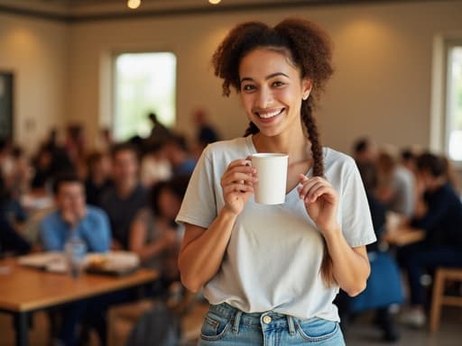 활기찬 커뮤니티 센터에서 다양한 사람들과 소통하며 커피를 즐기고 있는 10대 후반의 백인 여성이 있습니다. 그녀는 캐주얼한 티셔츠와 청바지를 입고 있으며, 따뜻하고 열정적인 미소로 분위기를 밝히고 있습니다.